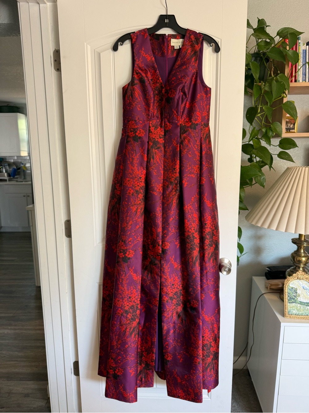 Sachin + Babi Red & Purple Floral Jacquard V-Neck Gown - Picture 3 of 6